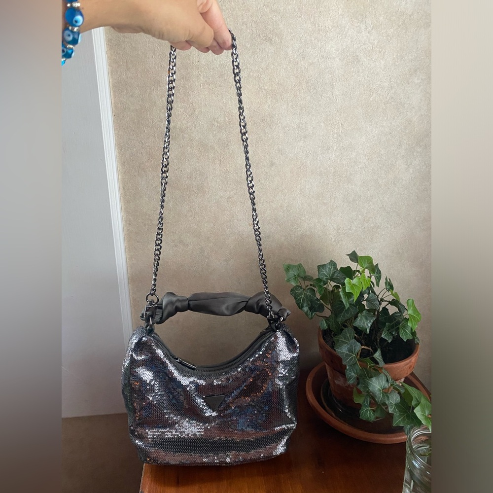 Dark Silver Guess Sequin and Silk Chain Shoulder Bag